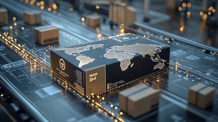 Fototapete - Glowing Global Logistics Delivery Package on Conveyor with Networked Nodes in the Background Representing the Interconnected Efficient