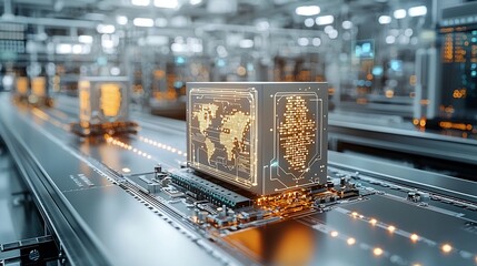 Aufkleber - Innovative high tech delivery box with a glowing map design set on a conveyor belt connected to a radiant network grid showcasing advanced logistics and transportation technology
