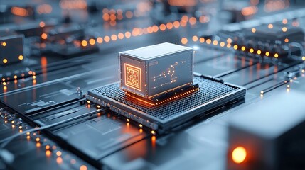 Fototapete - Futuristic box with illuminated map details traveling on a conveyor system surrounded by bright network lights showcasing the concept of advanced logistics transportation and digital infrastructure