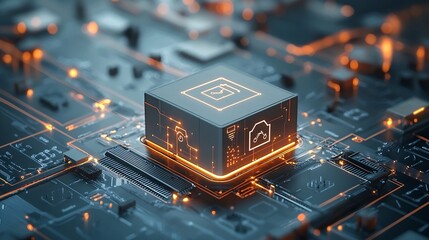 Fototapete - Bright delivery box with a glowing map graphic on a sleek conveyor belt linked to a glowing transport network representing the technology and logistics of modern e commerce and global distribution