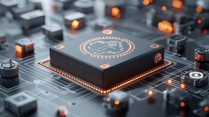 Fototapete - Futuristic high tech box with a glowing map design placed on a conveyor belt under a network grid illuminated with bright nodes representing the concept of advanced technology automation