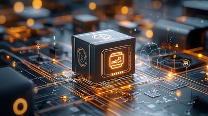 Fototapete - Bright sleek delivery box with a glowing map graphic on a modern high tech conveyor belt connected to an illuminated futuristic transport network system