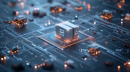 Fototapete - Glowing delivery box moving along a high tech conveyor belt surrounded by a network of bright interconnected nodes