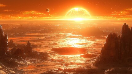 Wall Mural - Sunset over alien landscape alpha centauri b system digital art sci-fi environment otherworldly viewpoint cosmic concept