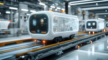 Fototapete - Futuristic delivery box glowing with a detailed map gliding on a conveyor belt within a connected and automated transport system showcasing the future of logistics and cargo distribution
