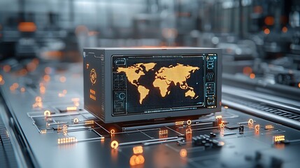 Fototapete - A futuristic conveyor system featuring a glowing world map projection surrounded by illuminated nodes symbolizing a connected global network of technology and communication