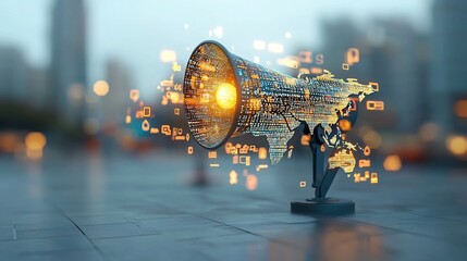Fototapete - Innovative futuristic megaphone device with a radiant world map motif projecting a shimmering golden light onto a luminous glowing sphere in a clean minimalistic environmental setting