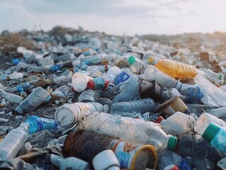close-up view of a chaotic pile of plastic bottles, cups, and recyclables discarded in a landfill, h