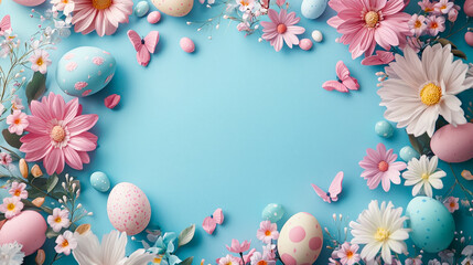 Poster - A vibrant display of pastel flowers, eggs, and butterflies creates a festive atmosphere for Easter celebrations