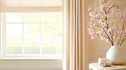 Wall Mural - Delicate cherry blossoms in a vase complement a softly lit room with light curtains and a tranquil atmosphere, perfect for relaxation