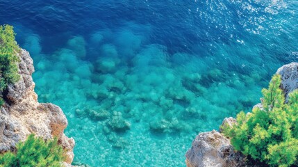 Sticker - Clear turquoise water in a cove with rocky cliffs.