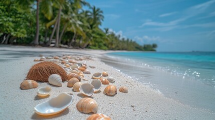 Sticker - Coconut and seashells scattered on a white sandy beach with palm trees and turquoise water in the background.