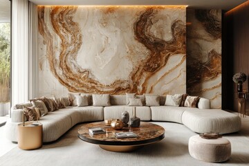 Wall Mural - Modern living room with a large curved sofa, a coffee table, and a wall made of natural stone.