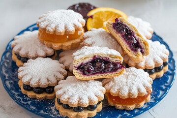 a plate with various cookies filled with jam