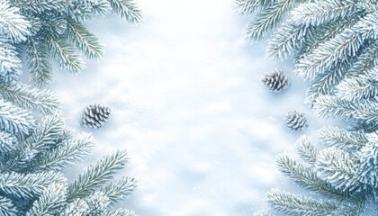 Poster - Snow-Covered Pine Branches and Pinecones on a Snowy Background