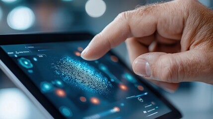Wall Mural - close up view of a human hand touching and interacting with a sleek futuristic digital tablet or sma