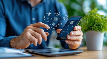 Wall Mural - close up view of a businessman s hands using a smart mobile device with digital applications and ico