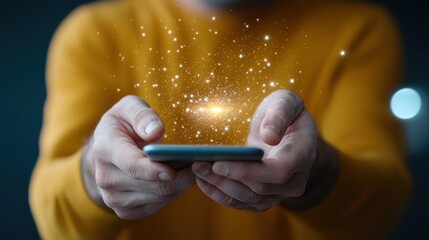 Wall Mural - closeup of human hands holding a glowing smartphone with abstract sparkling light effects representi