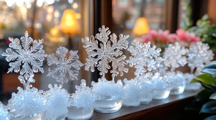 Poster - Crystal snowflakes in glass vases with faux snow.