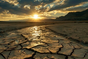 Wall Mural - Sunset illuminating cracked earth in desert landscape with small stream