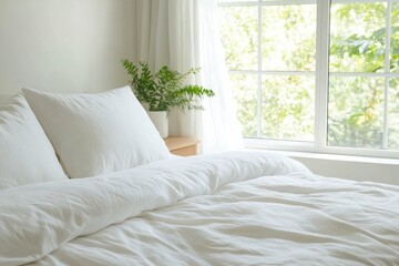 Poster - Bright and airy bedroom with white bedding and natural light from window