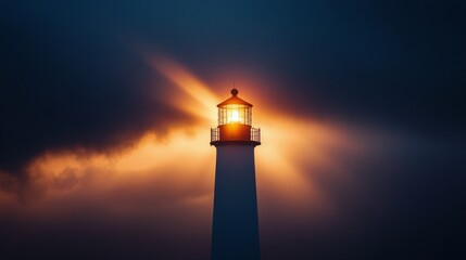 Sticker - Towering lighthouse shines bright through ominous clouds during a dramatic sunset