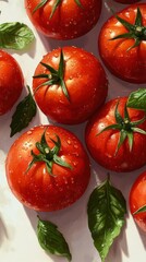 Wall Mural - A cluster of fresh red tomatoes resting on green basil leaves, glistening with water droplets