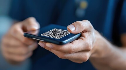 Wall Mural - close up of a businessman s hand holding a modern smartphone with an abstract digital interface repr