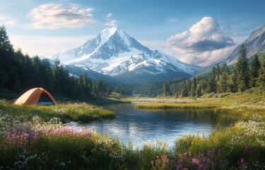 Wall Mural - Beautiful mountain landscape with a yellow camping tent in a vibrant flower filled field