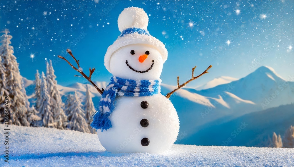 Whimsical and Happy Jolly Snowman Illustration on a Bright Blue ...