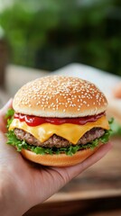 Wall Mural - Delicious cheeseburger with fresh lettuce and ketchup served in a casual dining setting