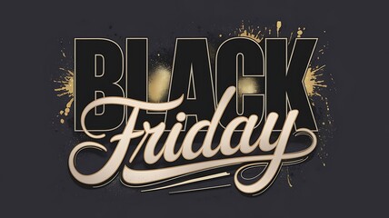 Modern Black Friday Sale Banner Featuring Bold Black Typography, Flowing Gold Script Reading “Friday,” and Artistic Gold Splatters for a Festive and Stylish Design