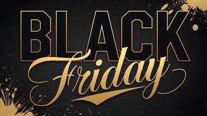 Modern Black Friday Sale Banner Featuring Bold Black Typography, Flowing Gold Script Reading “Friday,” and Artistic Gold Splatters for a Festive and Stylish Design