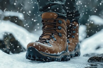 Wall Mural - Hiker walking in snow with brown hiking boots during snowfall