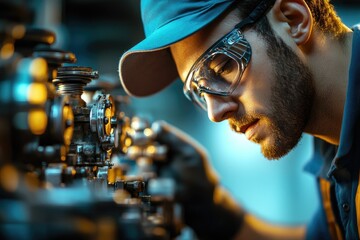 Poster - Industrial worker concentrating on complex machinery in factory setting