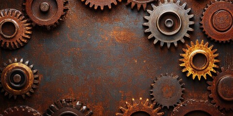 Leinwandbilder - Rusty gears creating a frame on a metallic background
