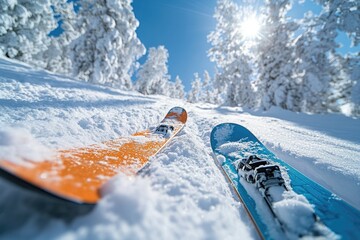 Skis resting on fresh powder snow on sunny day in mountain forest