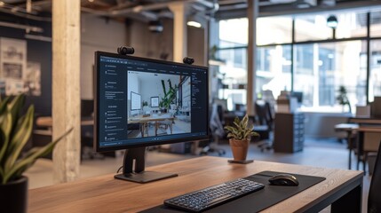 Wall Mural - modern computer display on an office desk with a web design studio concept page. web design company 