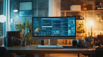 Wall Mural - modern computer display on an office desk with a web design studio concept page. web design company 