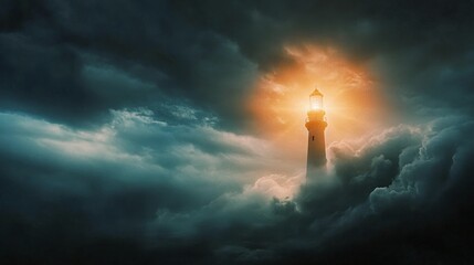 Sticker - Towering lighthouse shines bright through ominous clouds during a dramatic sunset