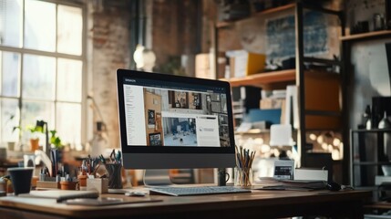 Wall Mural - modern computer display on an office desk with a web design studio concept page. web design company 