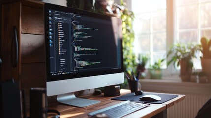 Wall Mural - modern computer display on an office desk with a web design studio concept page. web design company 