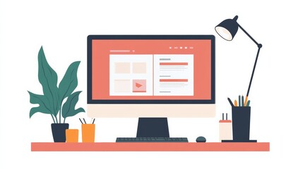 Wall Mural - modern computer display on an office desk with a web design studio concept page. web design company 