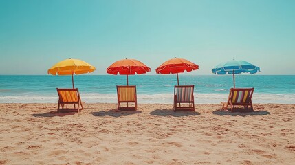 Sticker - Four colorful beach umbrellas and chairs on a sandy beach.