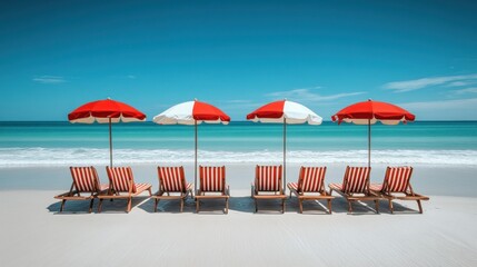 Sticker - Four red and white striped beach chairs and umbrellas line up on a white sandy beach.