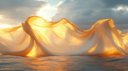 Poster - Golden fabric billowing in the water against a cloudy sky.