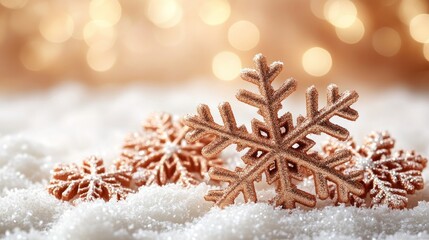 Poster - Golden snowflakes on white snow with bokeh lights in the background.