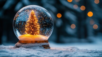 Poster - Illuminated Christmas tree snow globe on snowy ground.