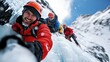 © Lens Legacy - Focused climbers in vibrant gear skillfully ascend an icy vertical face amidst a stunning mountain range, illustrating their determination and endurance.