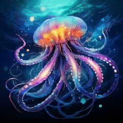 Wall Mural - scientific illustration deep-sea creature octopus with bioluminescent tentacles , watercolor drawing